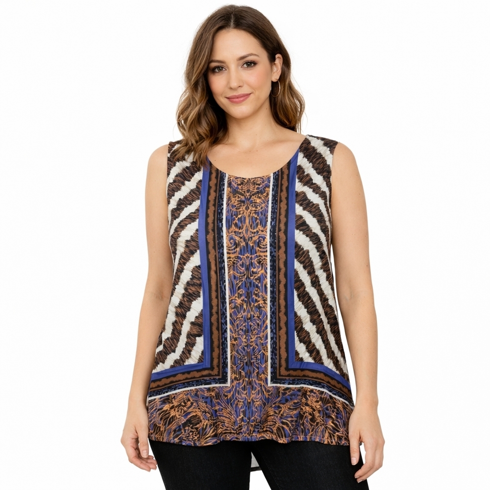 Olsen Black White Abstract Sleeveless Tank Top Blue Trim | Chic Boho Office